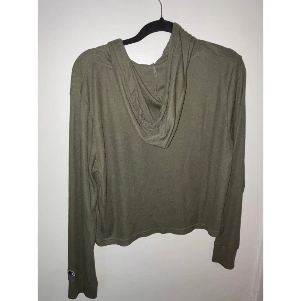 Champion Hoodie Womens Sz L Olive Green Excellent Cropped Waffle Knit Sweatshirt - Picture 5 of 5